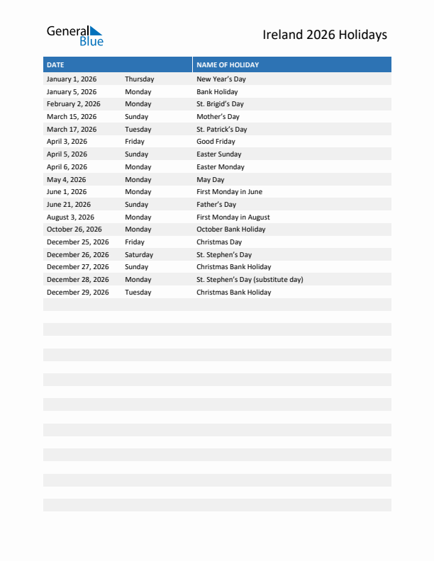 Free printable list of Ireland holidays for year 2026