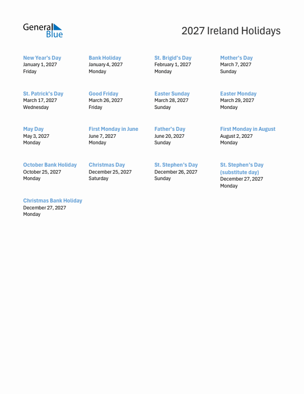 Free printable list of Ireland holidays for year 2027