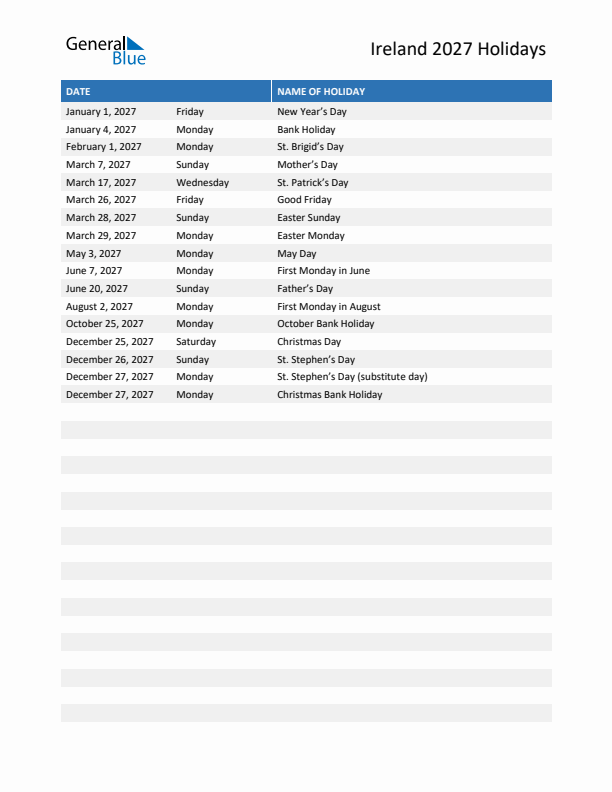 Free printable list of Ireland holidays for year 2027