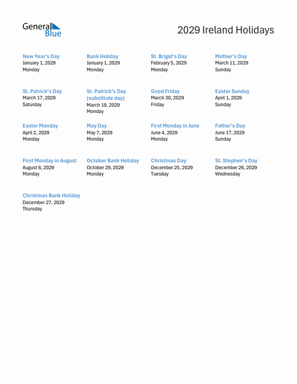 Free printable list of Ireland holidays for year 2029