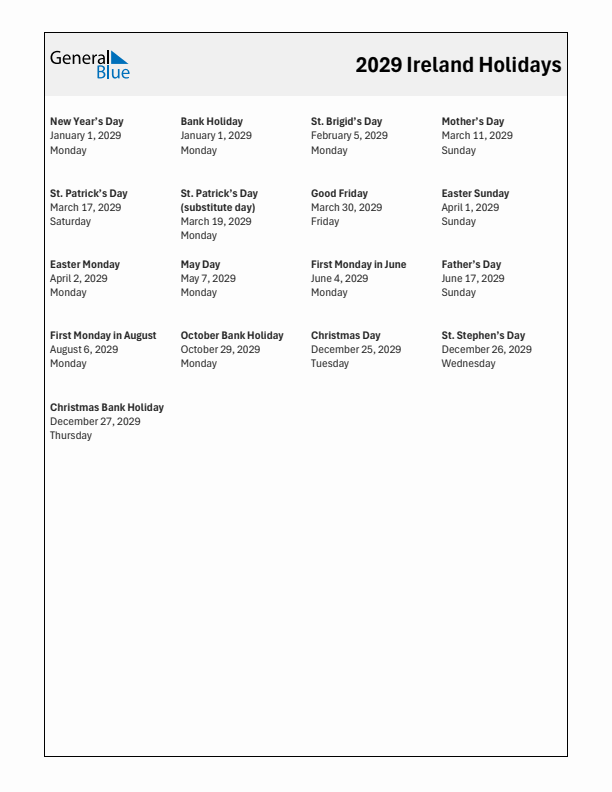 Free printable list of Ireland holidays for year 2029