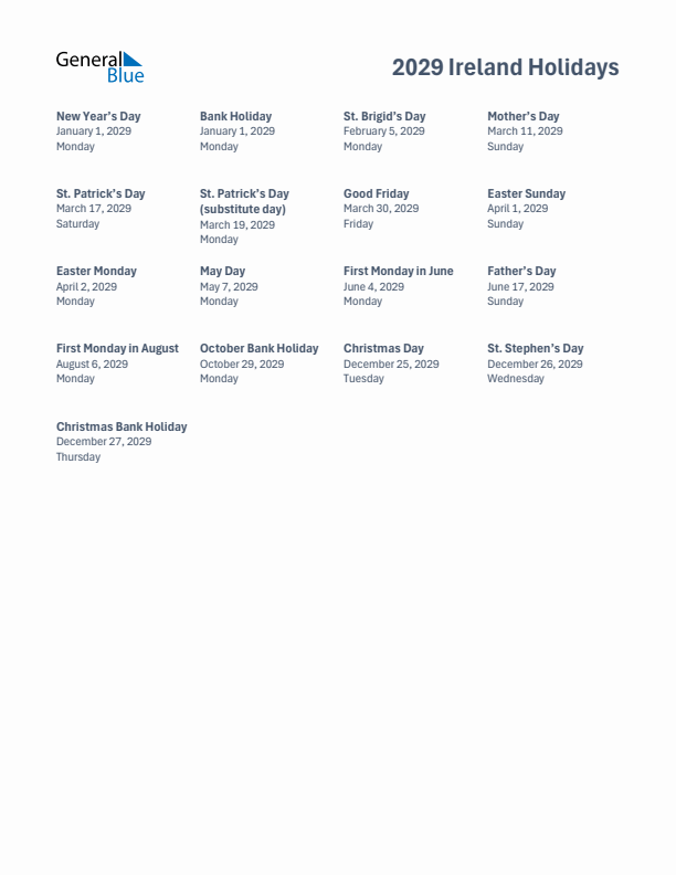 Free printable list of Ireland holidays for year 2029