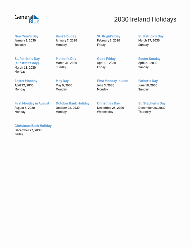 Free printable list of Ireland holidays for year 2030