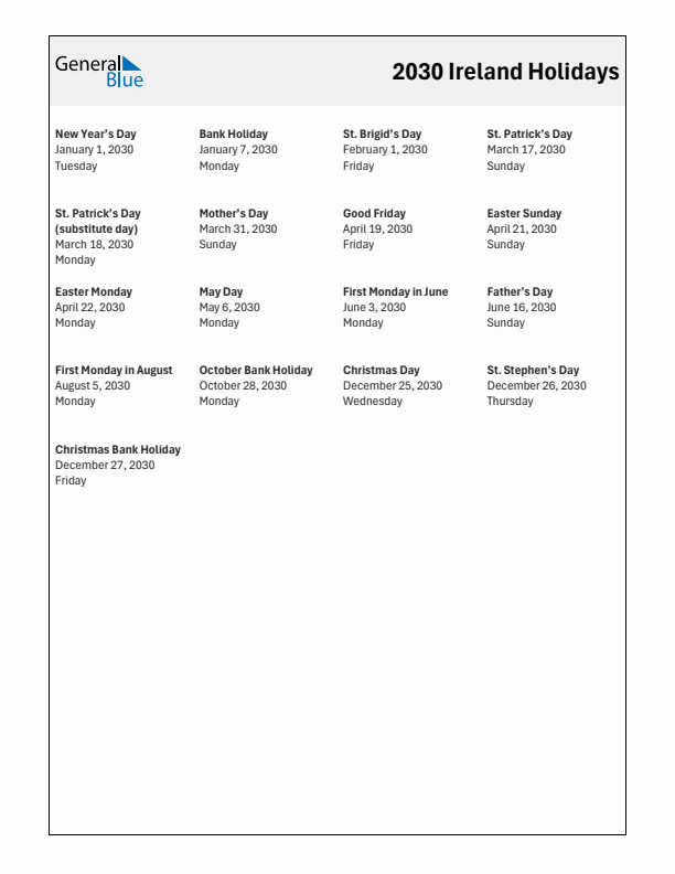 Free printable list of Ireland holidays for year 2030