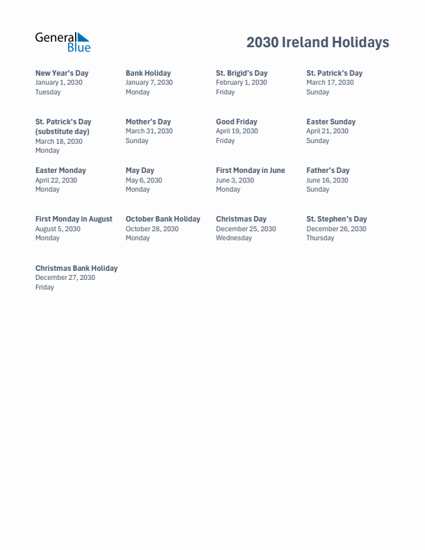 Free printable list of Ireland holidays for year 2030