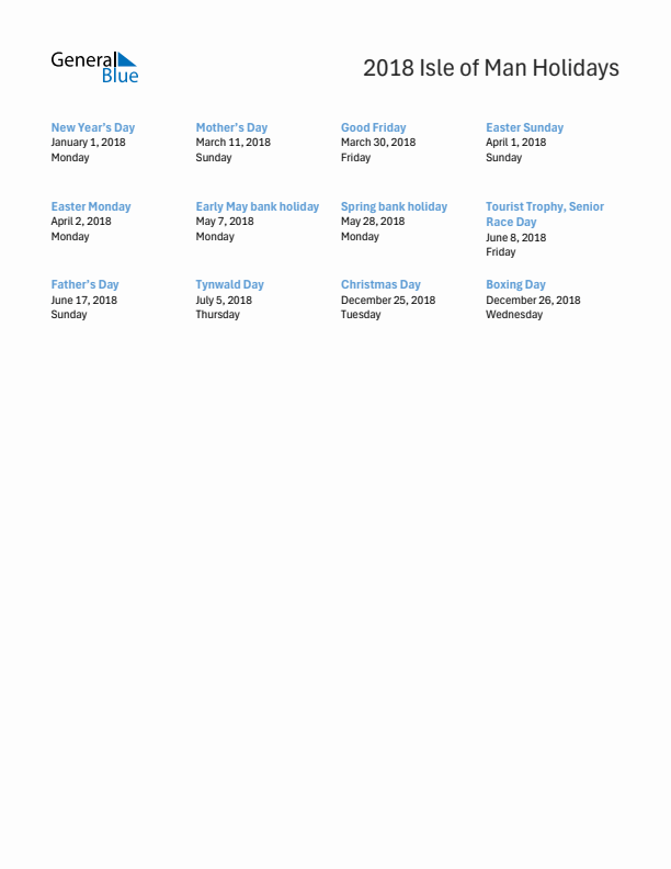 Free printable list of Isle of Man holidays for year 2018