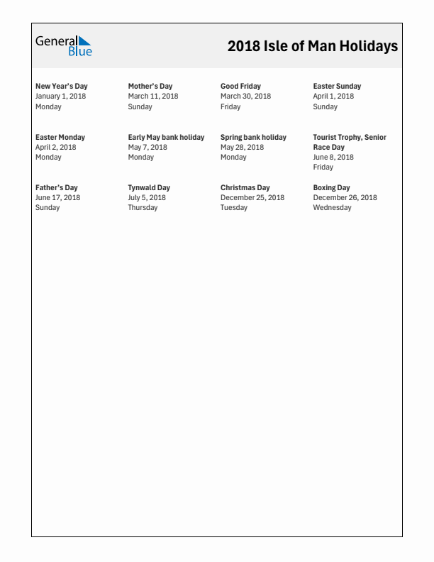 Free printable list of Isle of Man holidays for year 2018