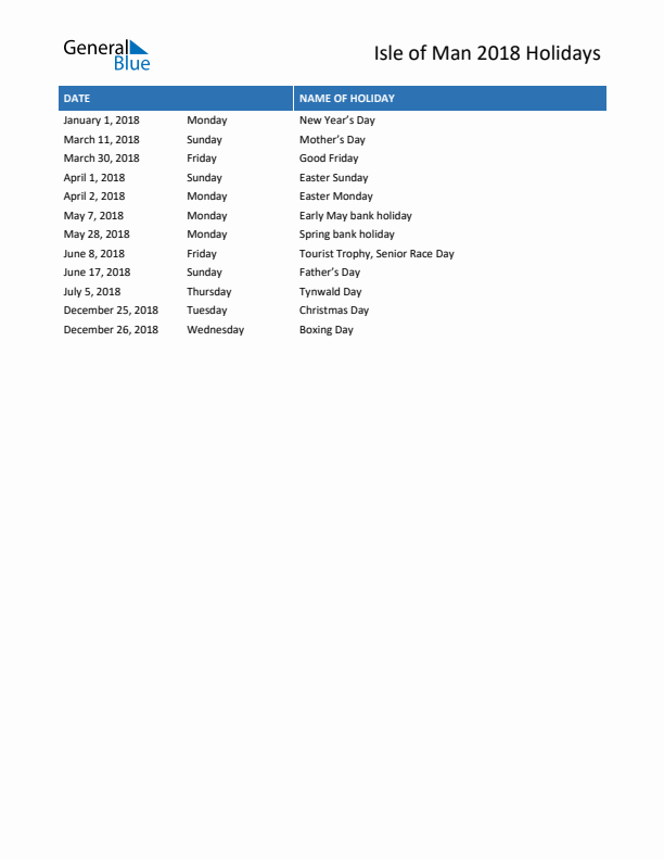 Free printable list of Isle of Man holidays for year 2018