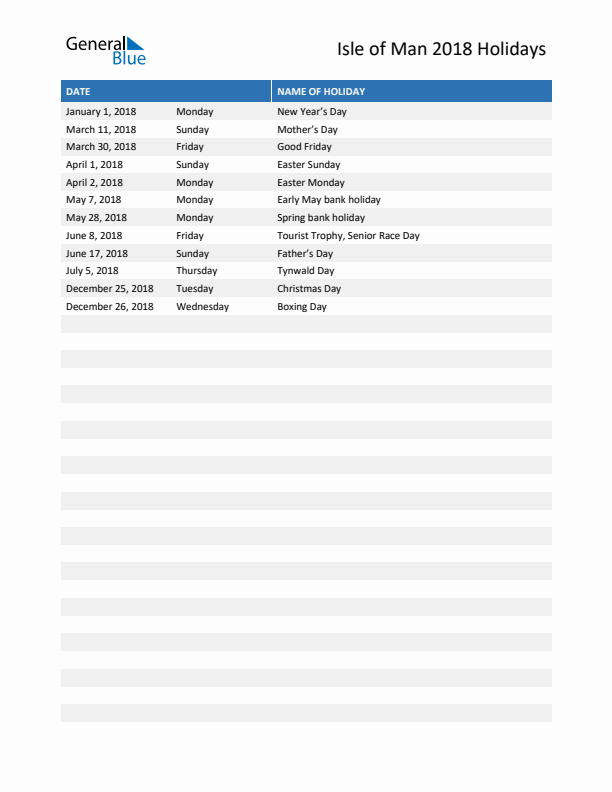 Free printable list of Isle of Man holidays for year 2018