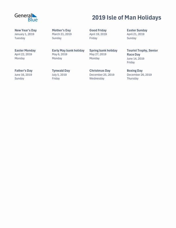 Free printable list of Isle of Man holidays for year 2019