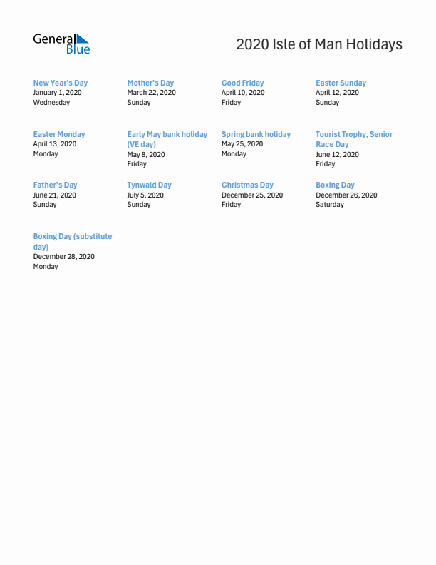 Free printable list of Isle of Man holidays for year 2020