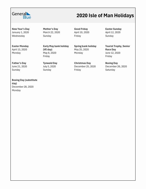 Free printable list of Isle of Man holidays for year 2020