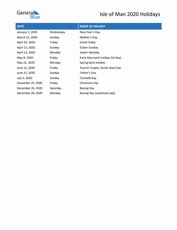 Free printable list of Isle of Man holidays for year 2020