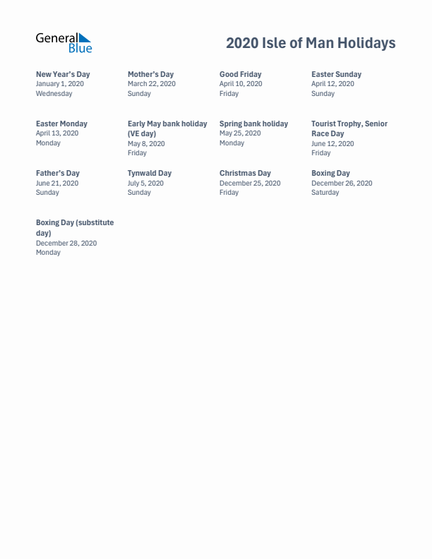 Free printable list of Isle of Man holidays for year 2020