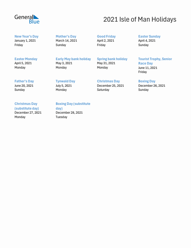 Free printable list of Isle of Man holidays for year 2021