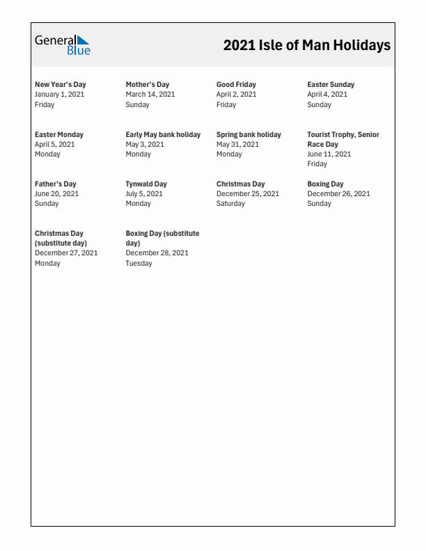 Free printable list of Isle of Man holidays for year 2021