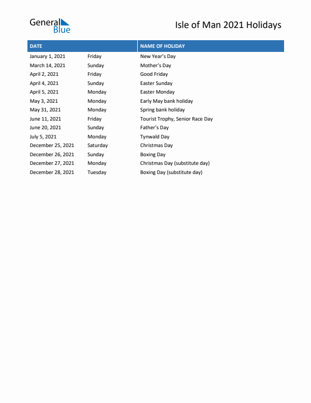 Free printable list of Isle of Man holidays for year 2021