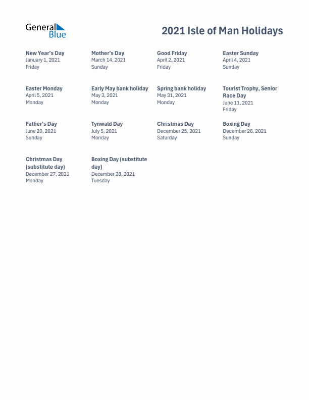 Free printable list of Isle of Man holidays for year 2021