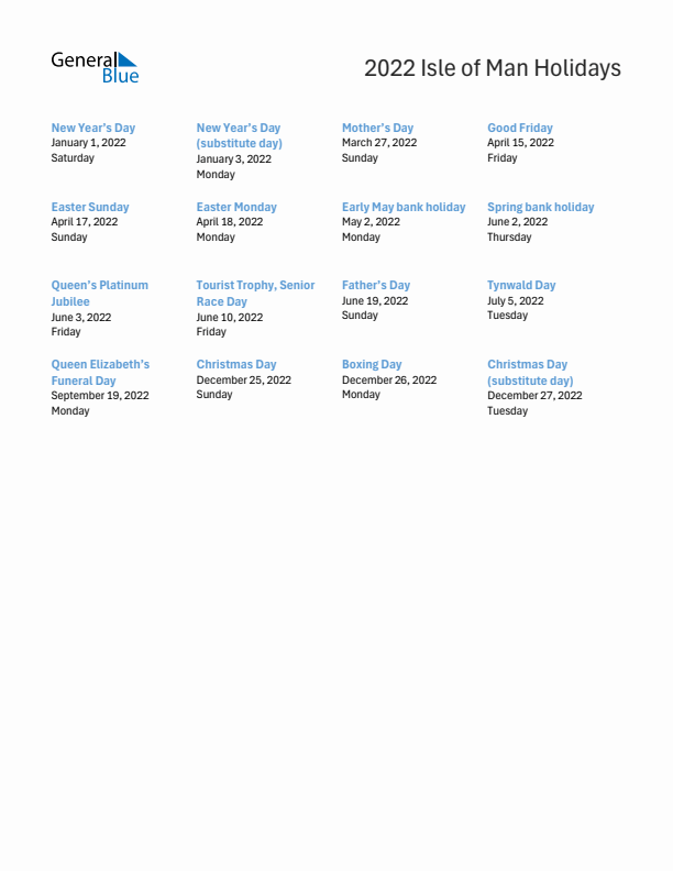 Free printable list of Isle of Man holidays for year 2022