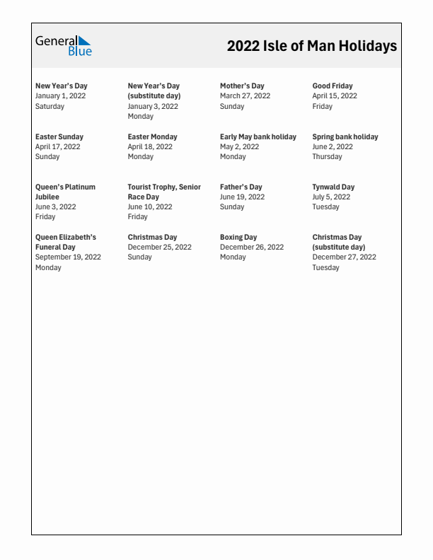 Free printable list of Isle of Man holidays for year 2022