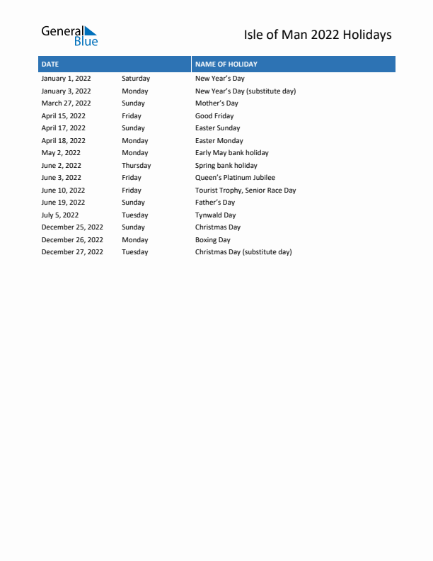 Free printable list of Isle of Man holidays for year 2022