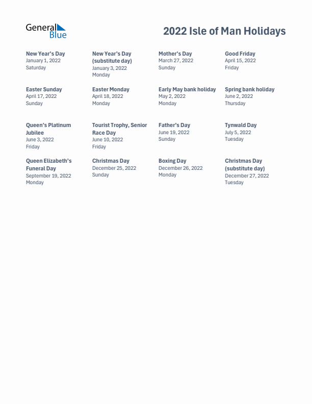 Free printable list of Isle of Man holidays for year 2022