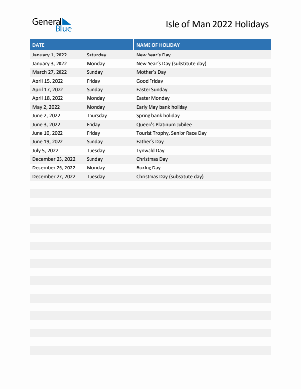 Free printable list of Isle of Man holidays for year 2022