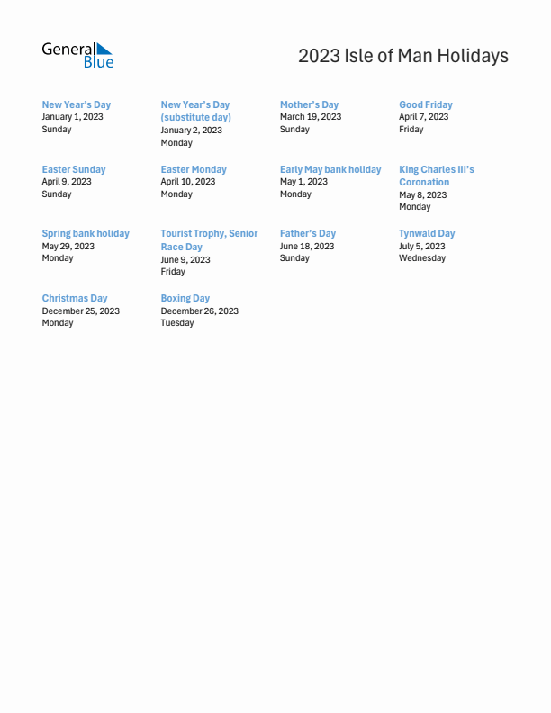 Free printable list of Isle of Man holidays for year 2023