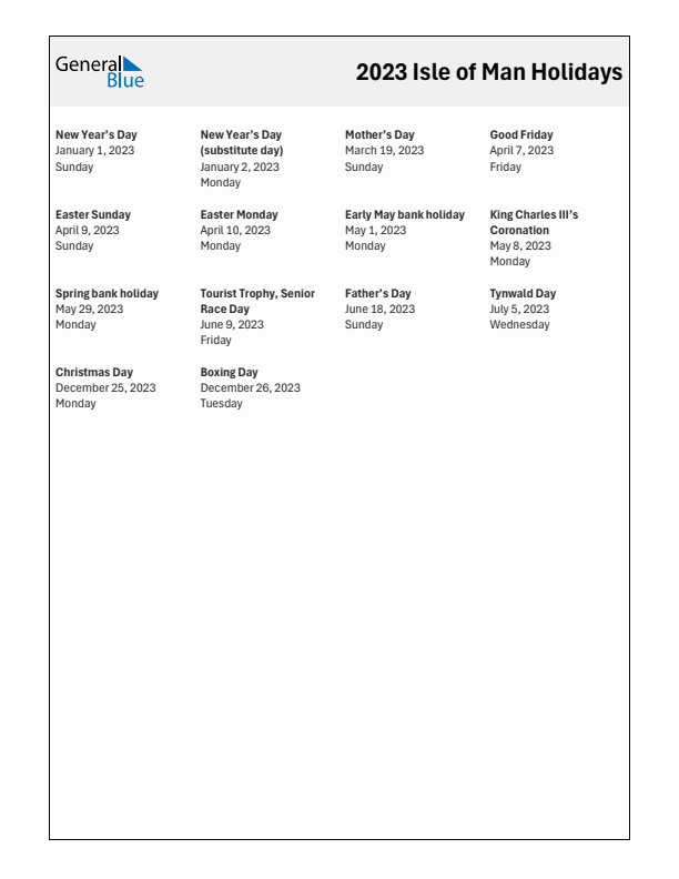 Free printable list of Isle of Man holidays for year 2023