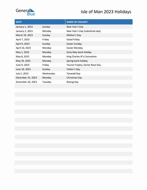 Free printable list of Isle of Man holidays for year 2023