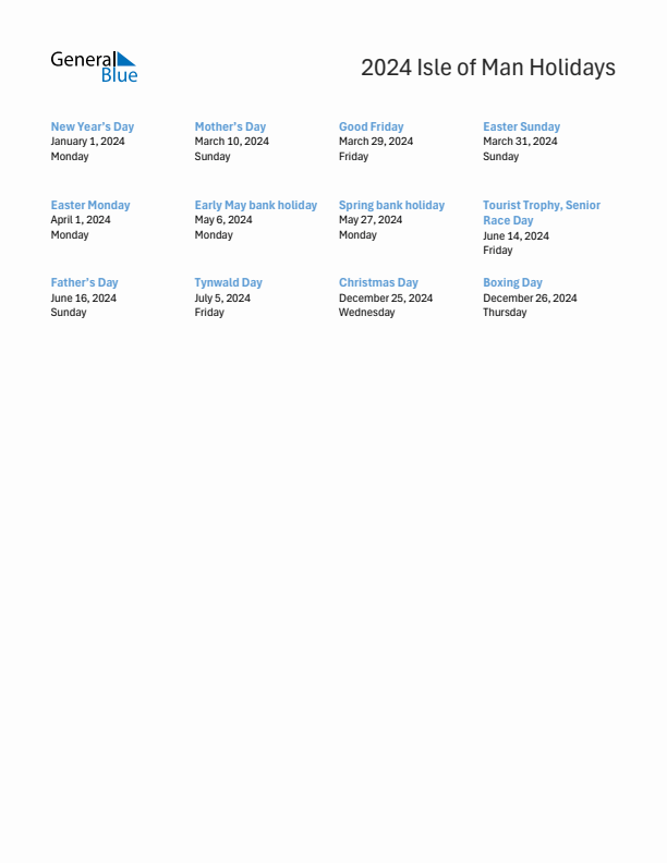 Free printable list of Isle of Man holidays for year 2024