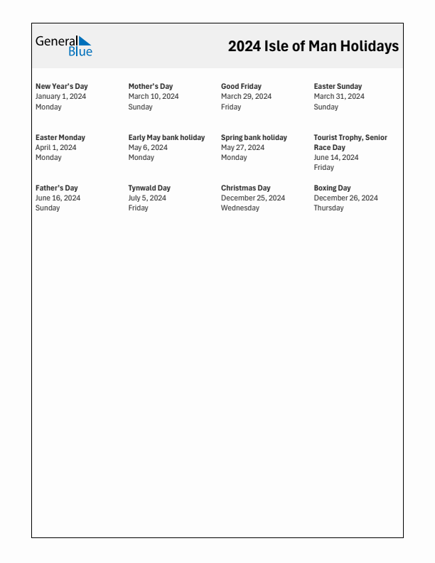Free printable list of Isle of Man holidays for year 2024