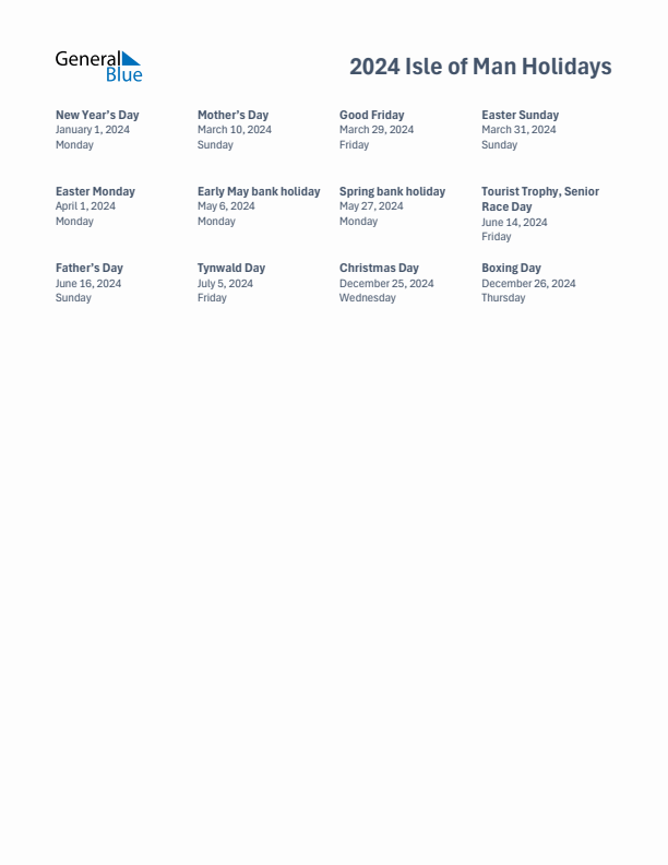 Free printable list of Isle of Man holidays for year 2024