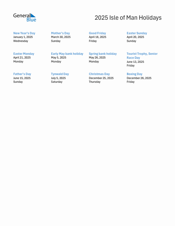 Free printable list of Isle of Man holidays for year 2025