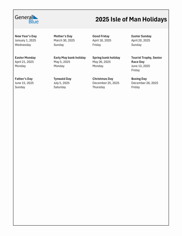 Free printable list of Isle of Man holidays for year 2025