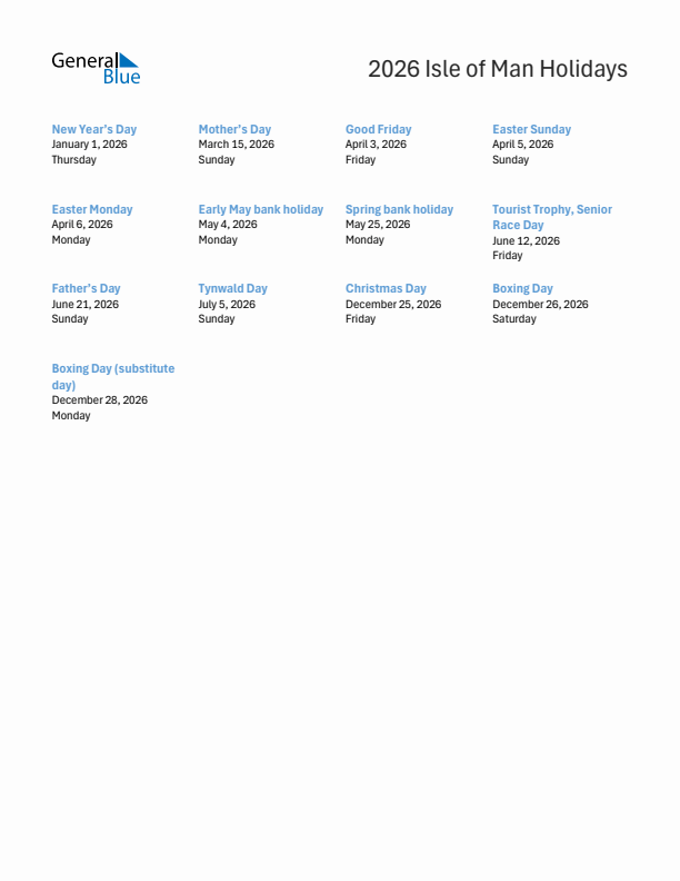 Free printable list of Isle of Man holidays for year 2026