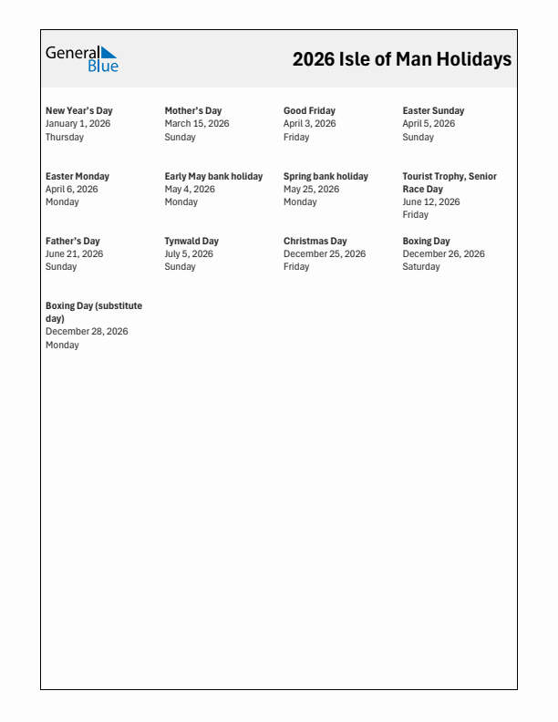 Free printable list of Isle of Man holidays for year 2026