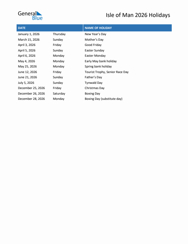 Free printable list of Isle of Man holidays for year 2026