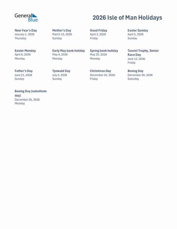 Free printable list of Isle of Man holidays for year 2026