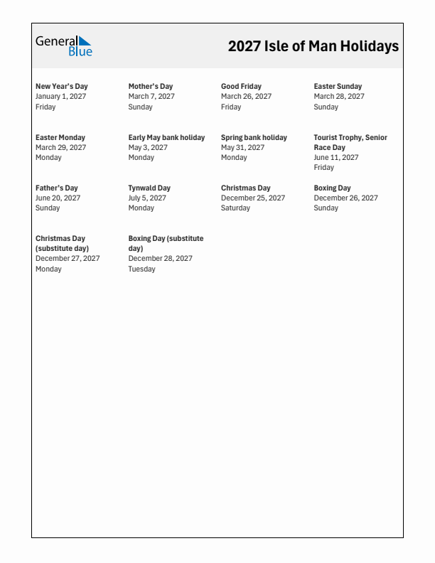 Free printable list of Isle of Man holidays for year 2027