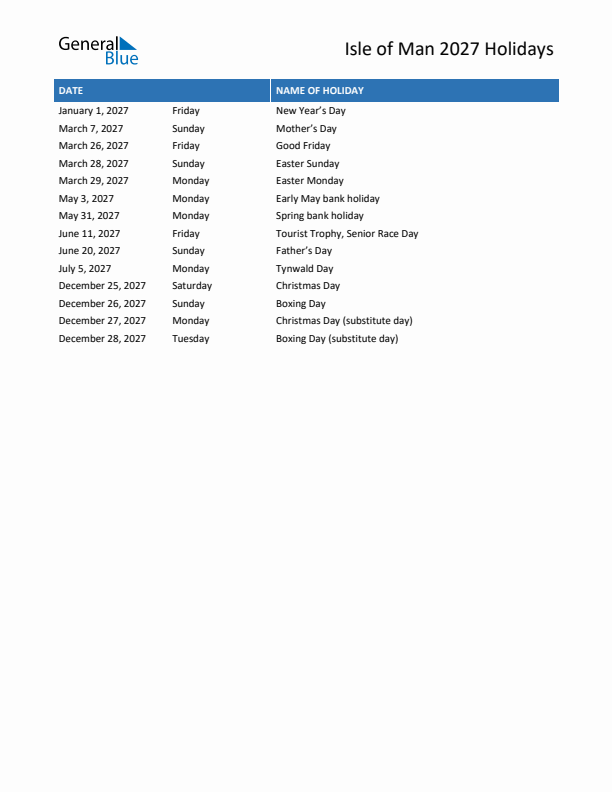 Free printable list of Isle of Man holidays for year 2027