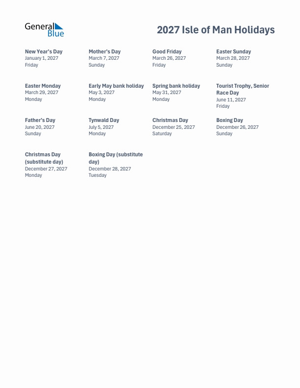 Free printable list of Isle of Man holidays for year 2027