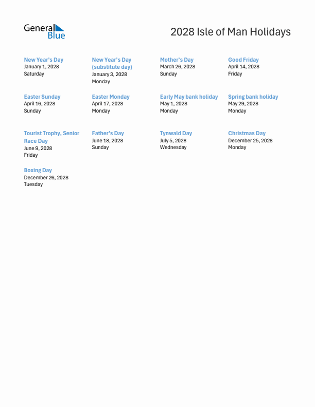 Free printable list of Isle of Man holidays for year 2028