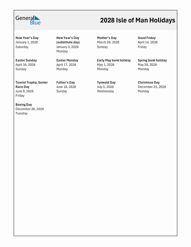 Free printable list of Isle of Man holidays for year 2028