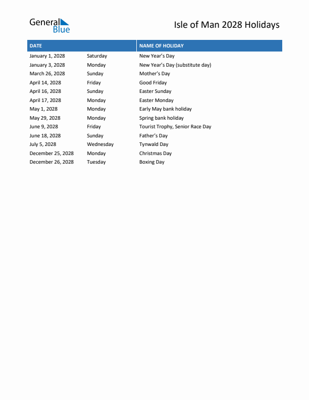 Free printable list of Isle of Man holidays for year 2028