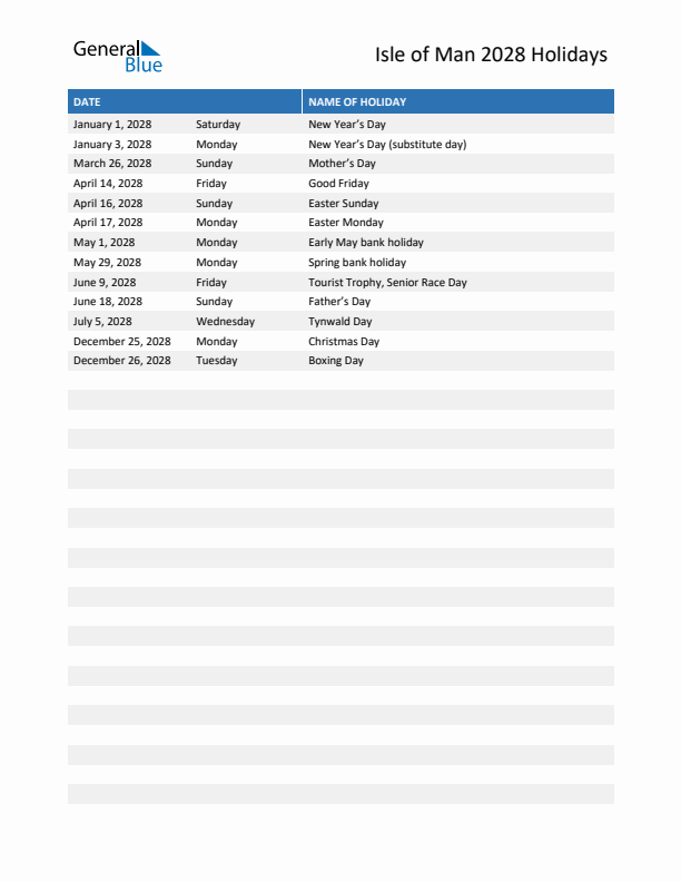 Free printable list of Isle of Man holidays for year 2028