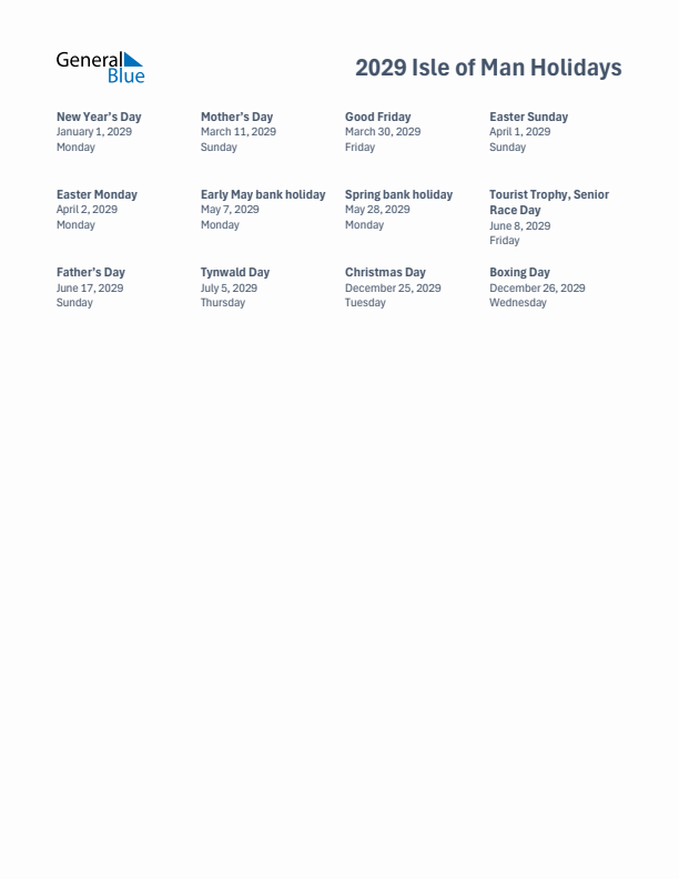 Free printable list of Isle of Man holidays for year 2029