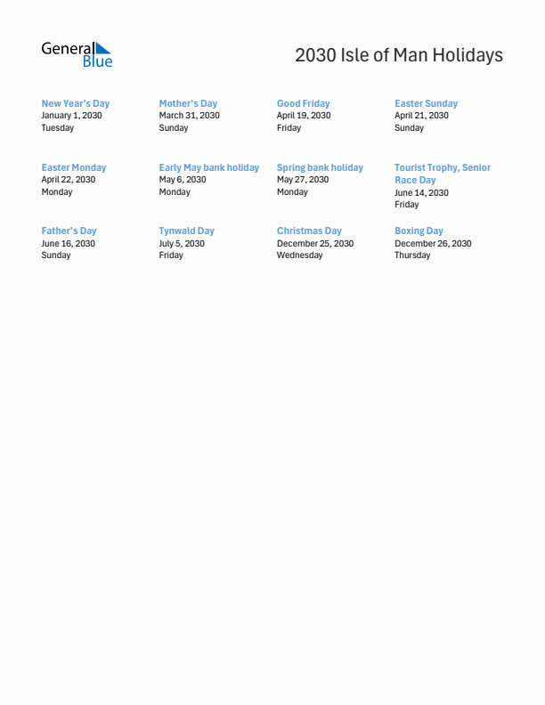 Free printable list of Isle of Man holidays for year 2030