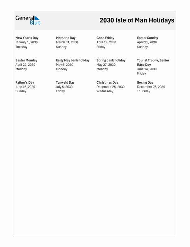 Free printable list of Isle of Man holidays for year 2030