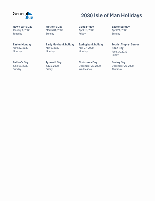 Free printable list of Isle of Man holidays for year 2030